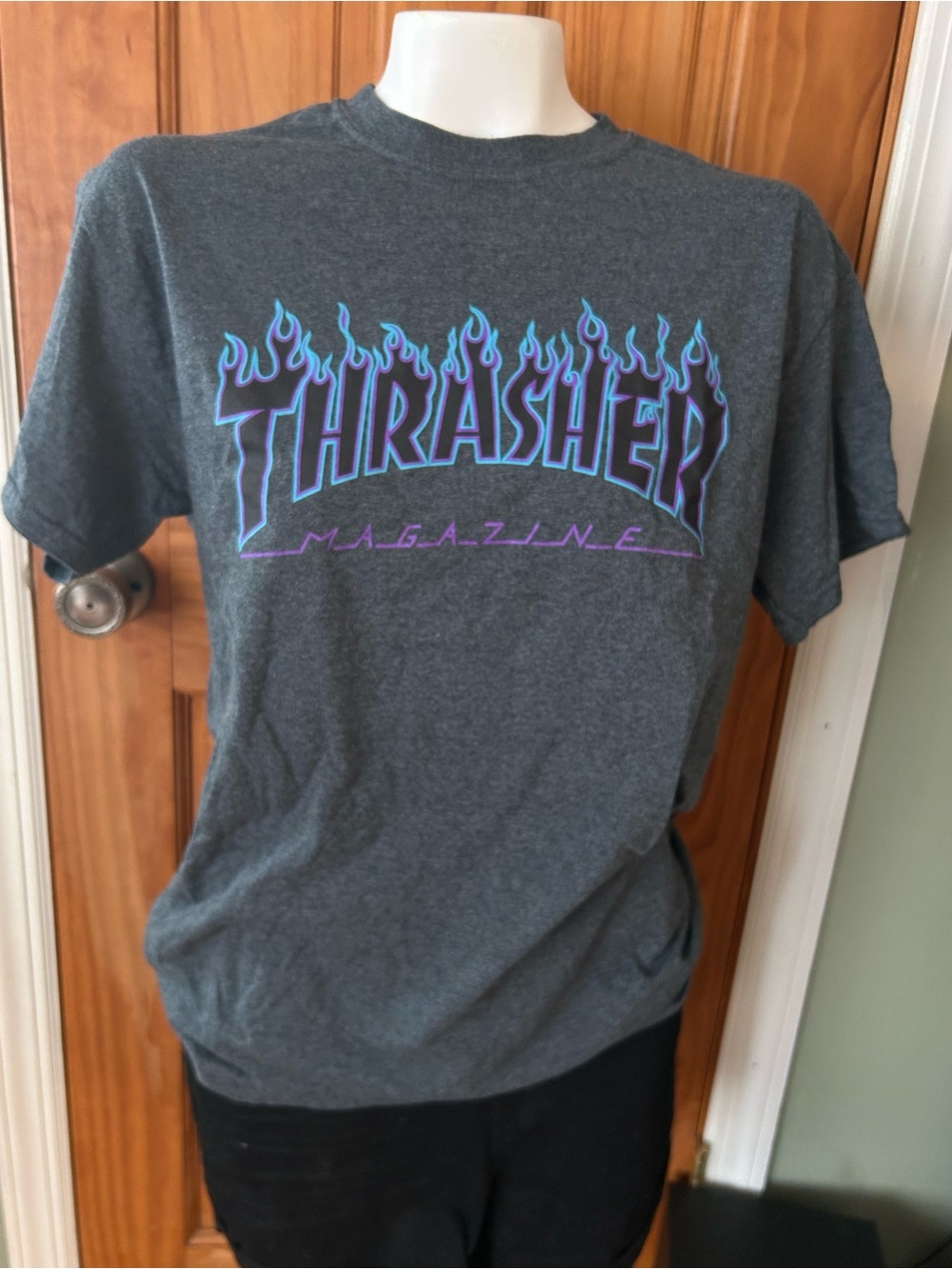 Thrasher Short Sleeve Tee in Charcoal with Blue and Purple Flame Logo